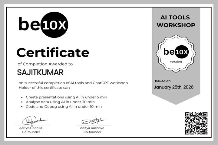 be10x AI Tools and ChatGPT Workshop certificate awarded to Sajitkumar