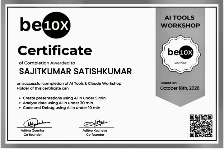 be10x AI Tools and Claude Workshop certificate awarded to Sajitkumar Satishkumar