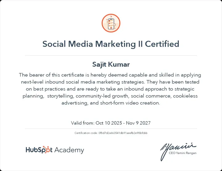 HubSpot Academy Social Media Marketing II certificate awarded to Sajit Kumar