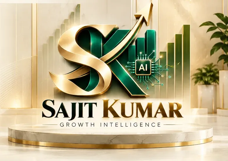 Sajit Kumar Growth Intelligence logo on a marble podium with rising growth bars